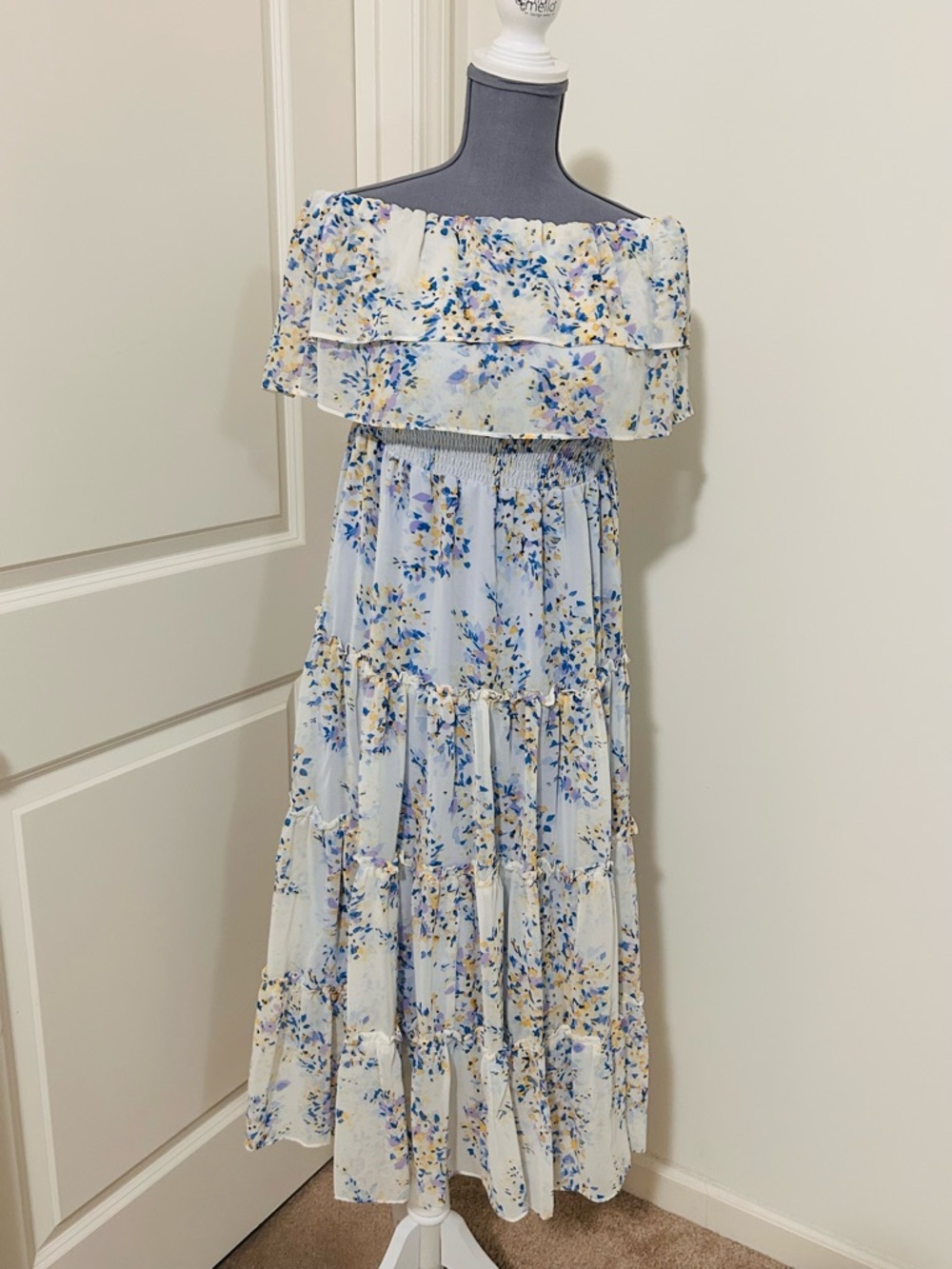 1. State Light Blue Floral Off Shoulder Maxi Dress - Picture 4 of 9